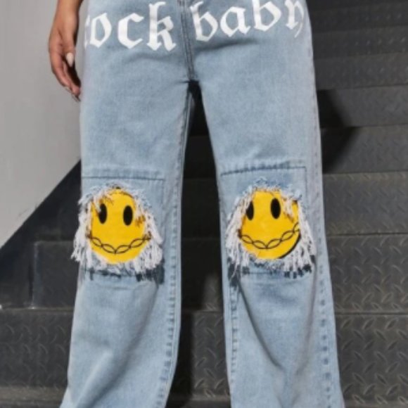 Highwaisted Rock Baby Smiley Face Jeans 